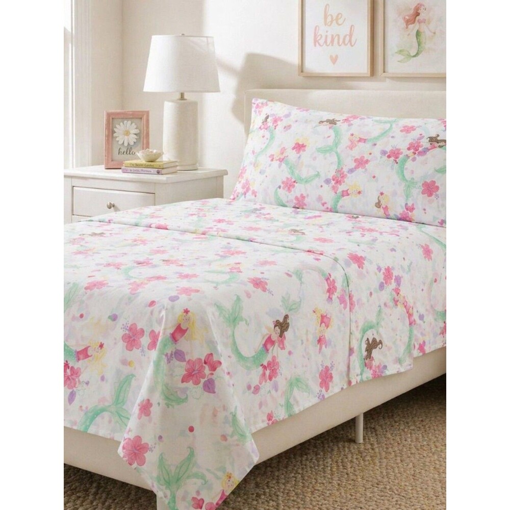 Pottery Barn Kids Mermaid Floral Queen Flat Sheet Pink Green Cotton Bedding